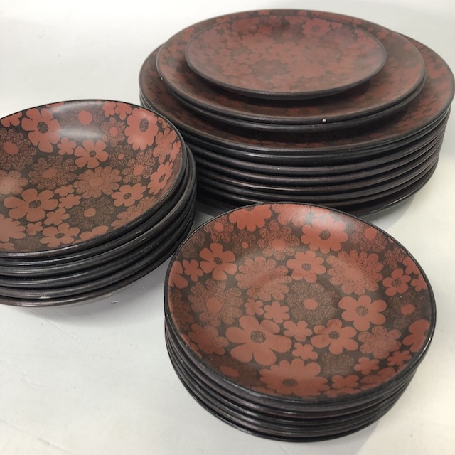 DINNERWARE, 1960s Set - Brown Pink Daisy Stoneware